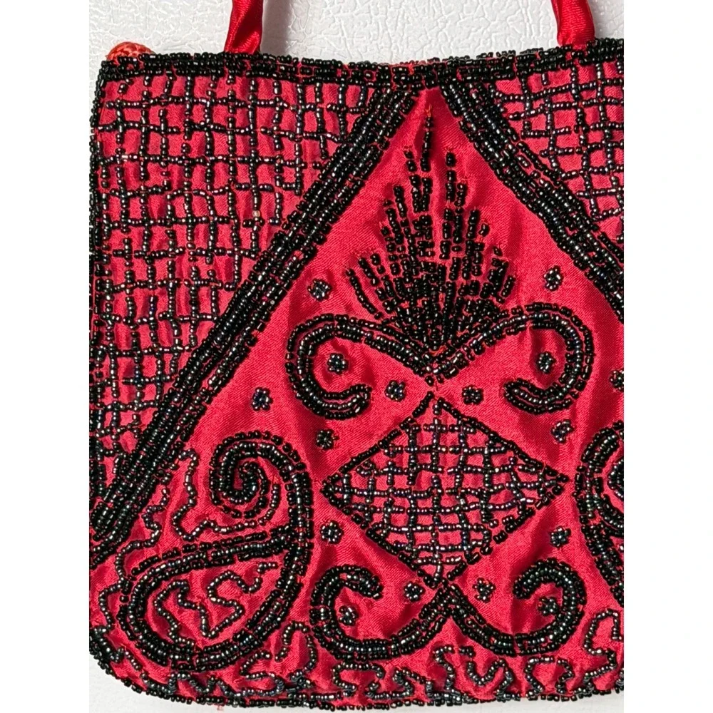 Vintage 90s Red Satin Hand Beaded Mini Handle Bag Crossbody Art Deco Elegant